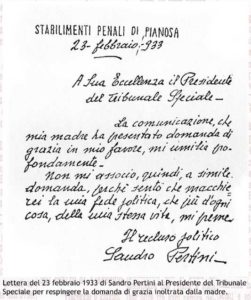 Lettera di Sandro Pertini al Presidente del Tribunale Speciale